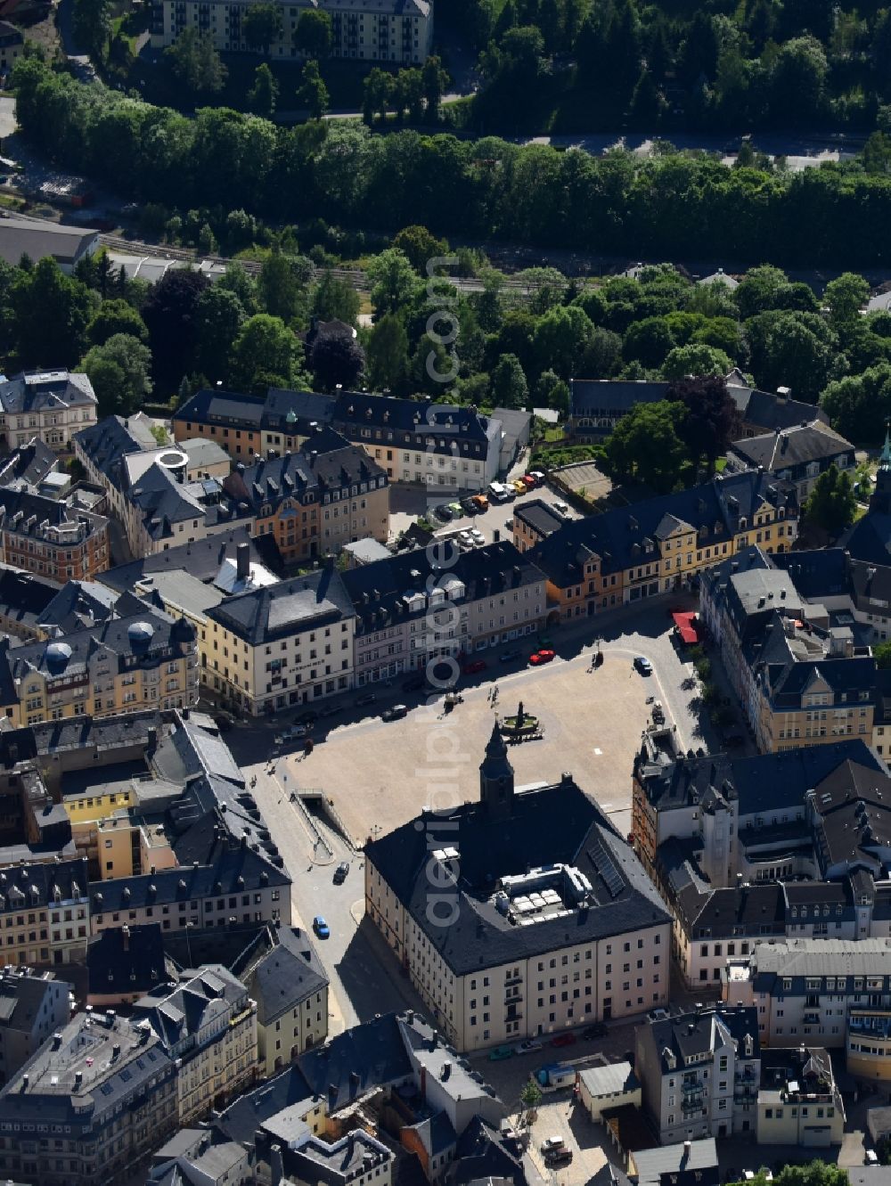 Annaberg-Buchholz from above - Center market in Annaberg-Buchholz in the state Saxony, Germany