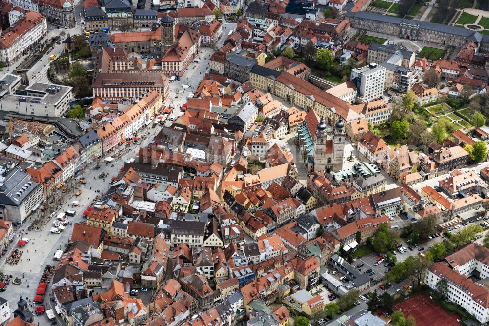 Bayreuth from above - Center market on street Maximilianstrasse on street Maximilianstrasse in Bayreuth in the state Bavaria, Germany