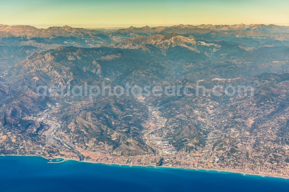 Aerial photograph Ventimiglia - Center on the seacoast of Ligurian sea in Ventimiglia in Liguria, Italy