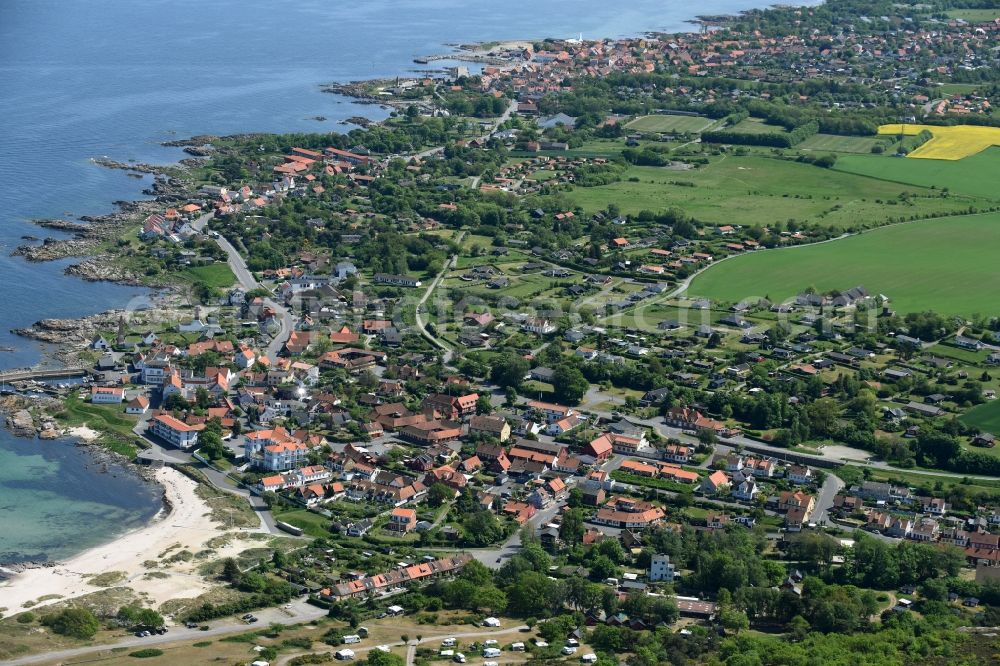 Sandvig Sogn from the bird's eye view: Center on the seacoast of Baltic Sea on Bornholm Island in Sandvig Sogn in Region Hovedstaden, Denmark