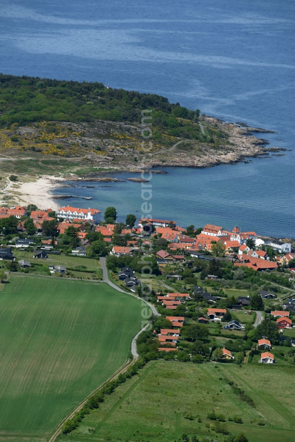 Allinge- Sandvig from above - Center on the seacoast of Baltic Sea on Bornholm Island in Sandvig Sogn in Region Hovedstaden, Denmark