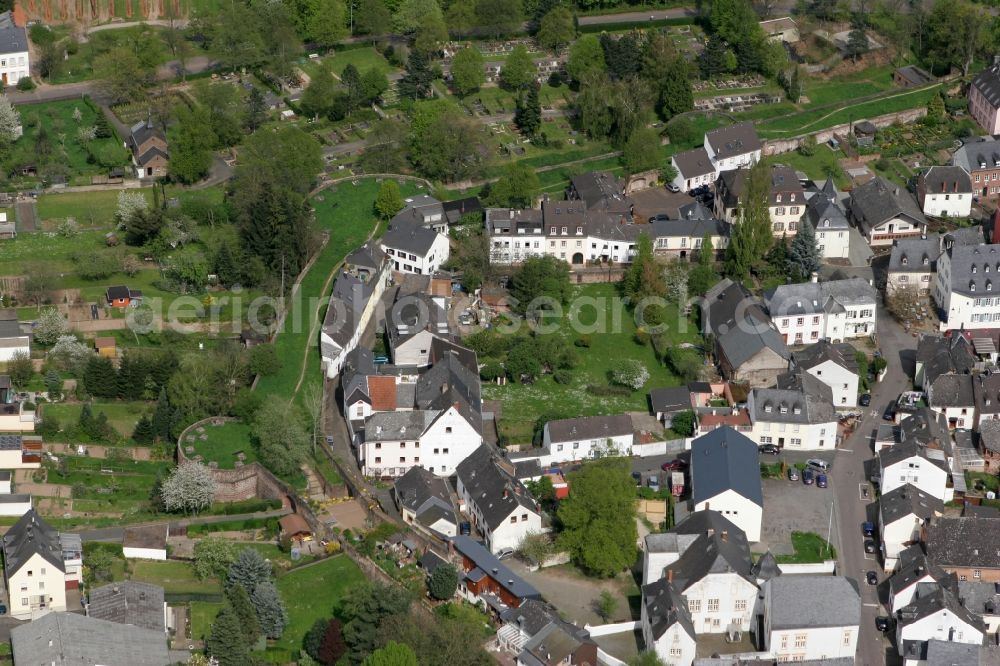 Aerial image Trier Pfalzel - View of the historic center of Pfalzel. The village is surrounded by an old castle wall. The district belongs to Trier in Rhineland-Palatinate