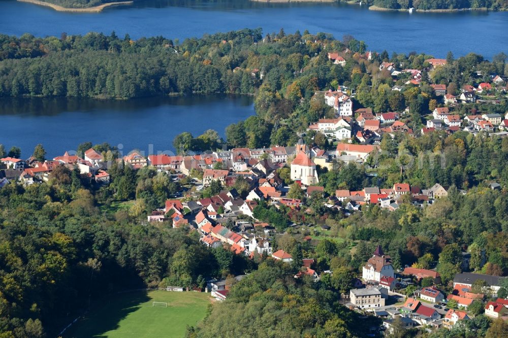 Buckow (Märkische Schweiz) from above - Village on the banks of the area Buckowsee in Buckow (Maerkische Schweiz) in the state Brandenburg, Germany