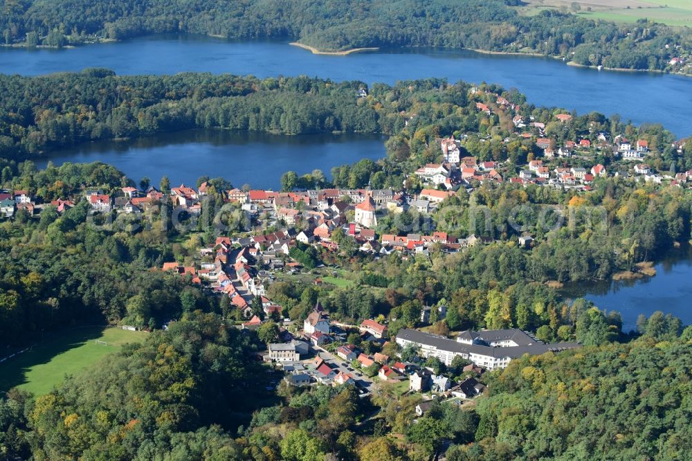 Buckow (Märkische Schweiz) from above - Village on the banks of the area Buckowsee in Buckow (Maerkische Schweiz) in the state Brandenburg, Germany