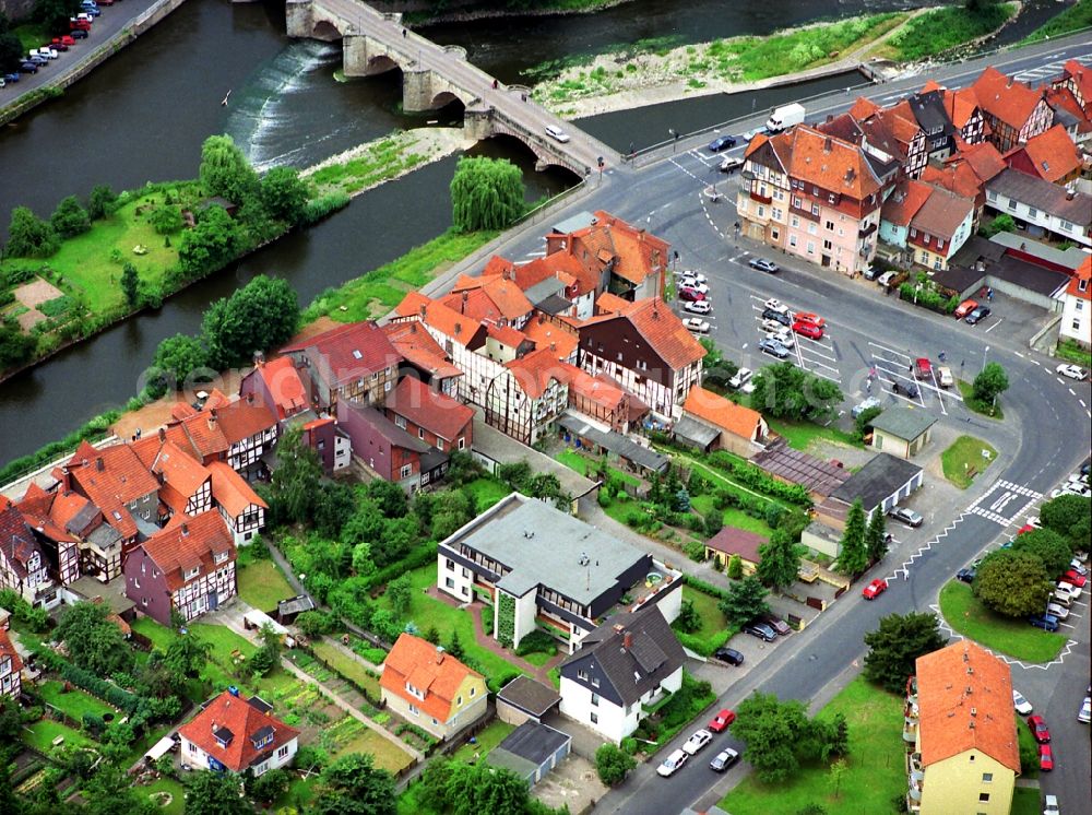 Hann. Münden from above - Village on the banks of the area des Werra - Nebenarm am Uferbereich der Steinstrasse - river course in Hann. Muenden in the state Lower Saxony