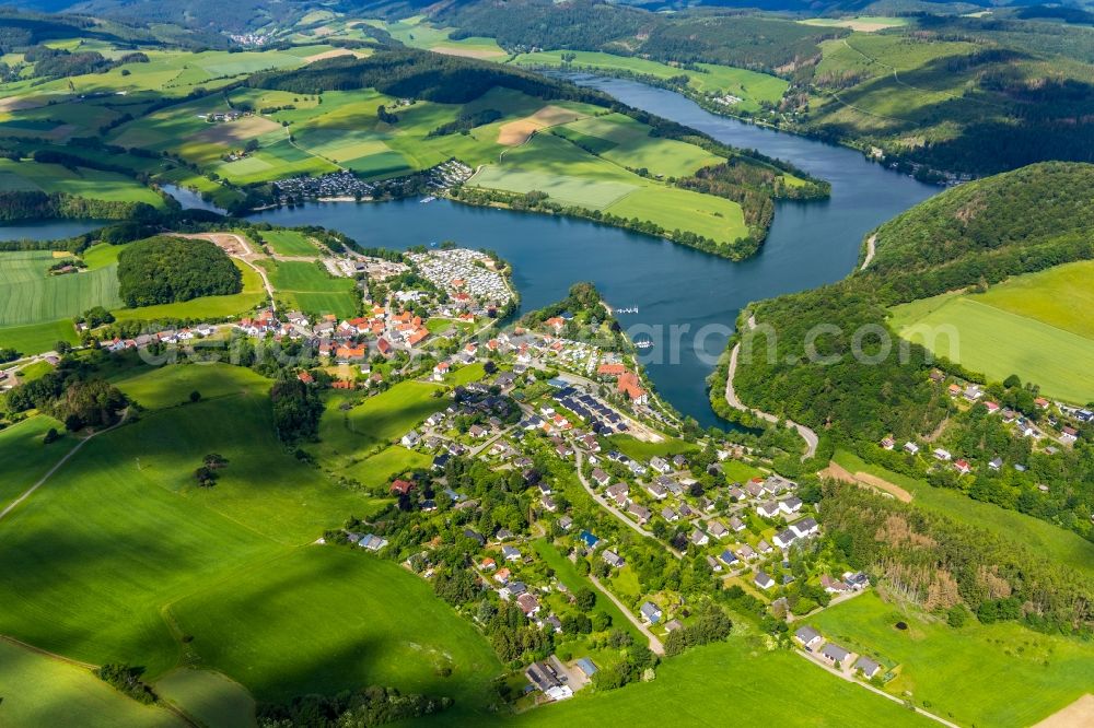 Aerial image Heringhausen - Village on the banks of the area of Diemel in Heringhausen in the state Hesse, Germany