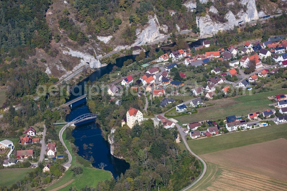 Aerial image Gutenstein - Village on the banks of the area Danube - river course in Gutenstein in the state Baden-Wurttemberg, Germany