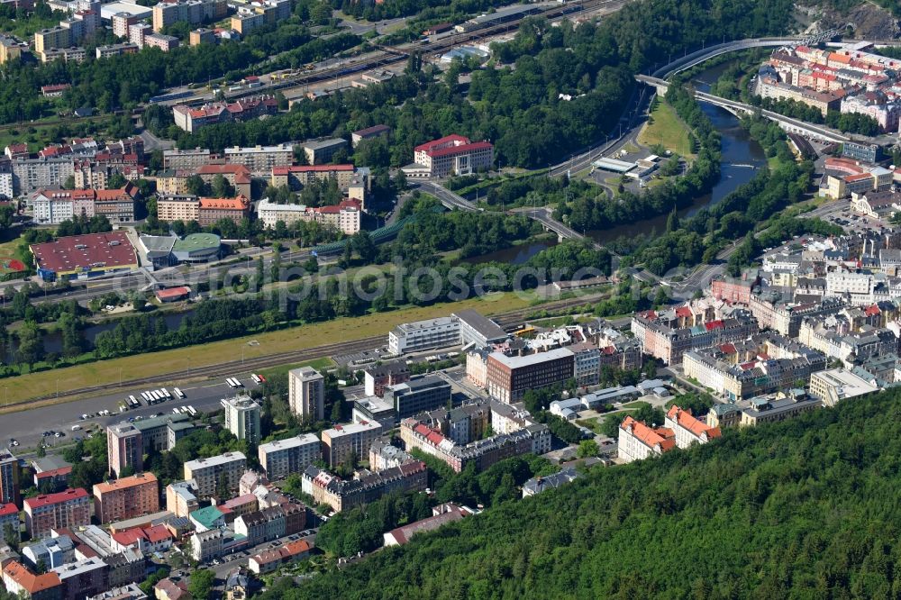 Aerial image Karlovy Vary - Karlsbad - Village on the banks of the area Eger - river course in Karlovy Vary - Karlsbad in Cechy - Boehmen, Czech Republic