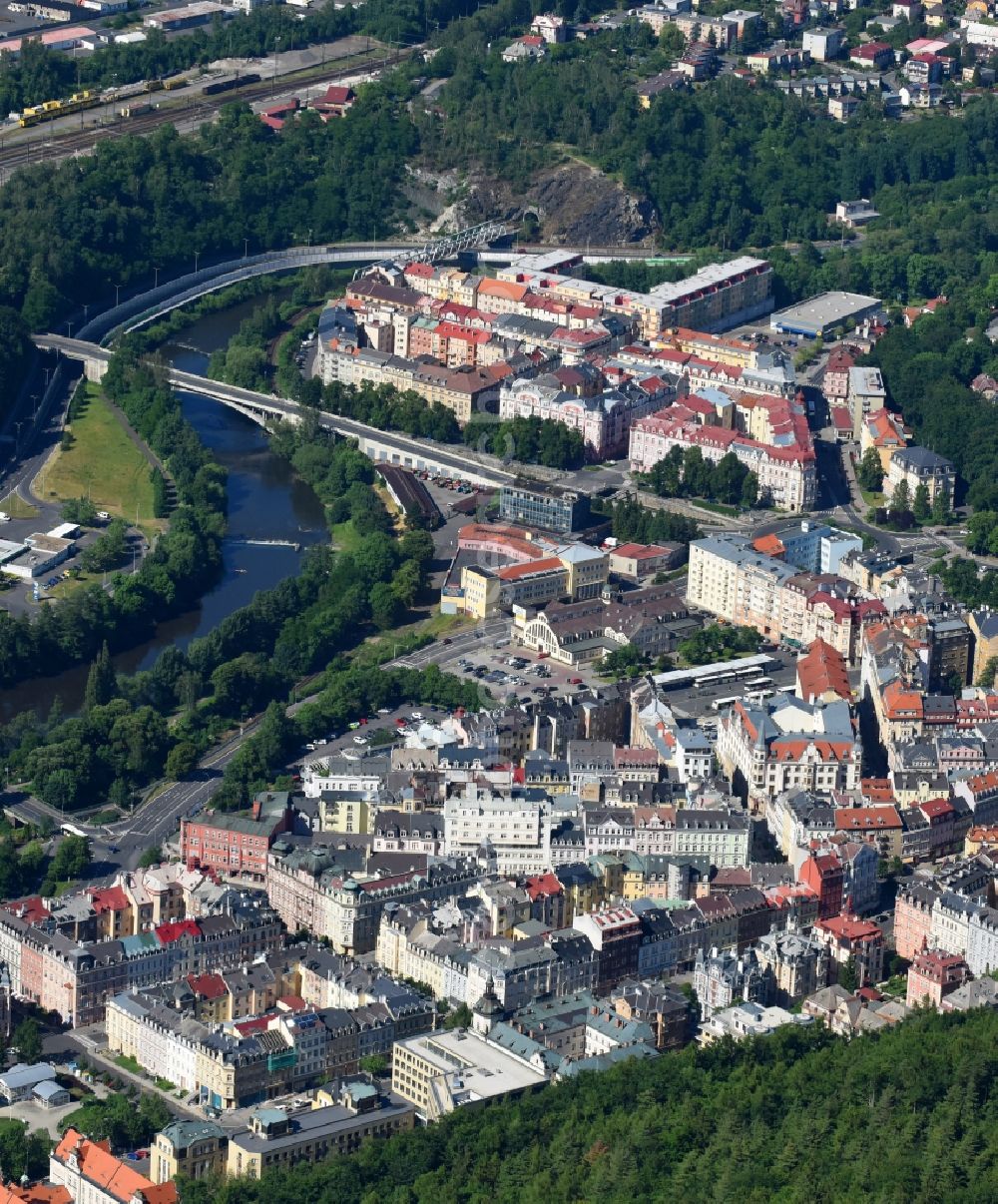 Karlovy Vary - Karlsbad from above - Village on the banks of the area Eger - river course in Karlovy Vary - Karlsbad in Cechy - Boehmen, Czech Republic