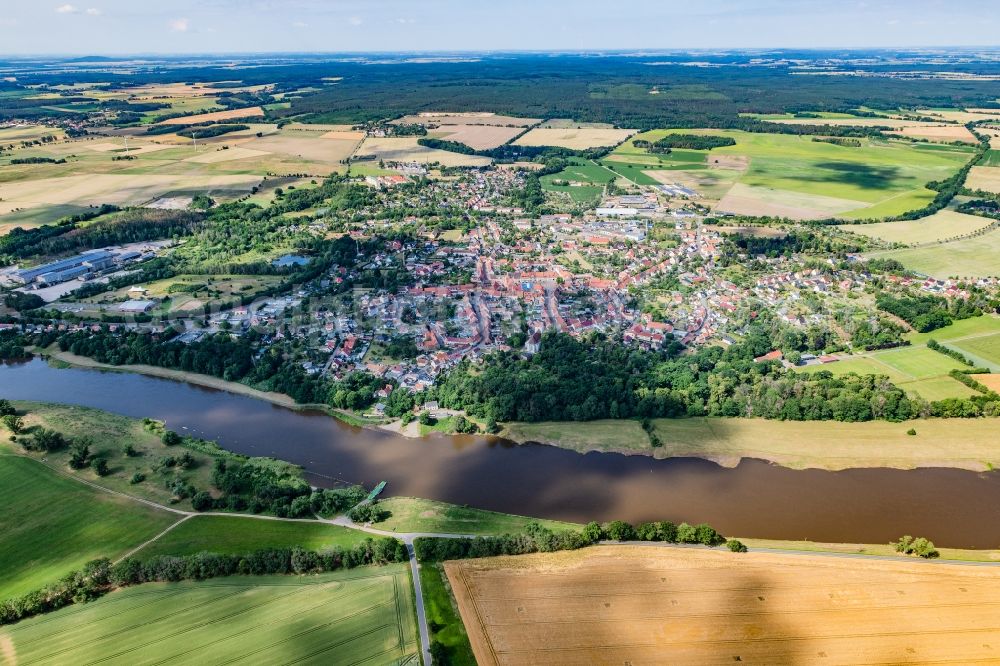 Belgern-Schildau from above - Village on the banks of the area Elbe - river course in Belgern-Schildau in the state Saxony, Germany