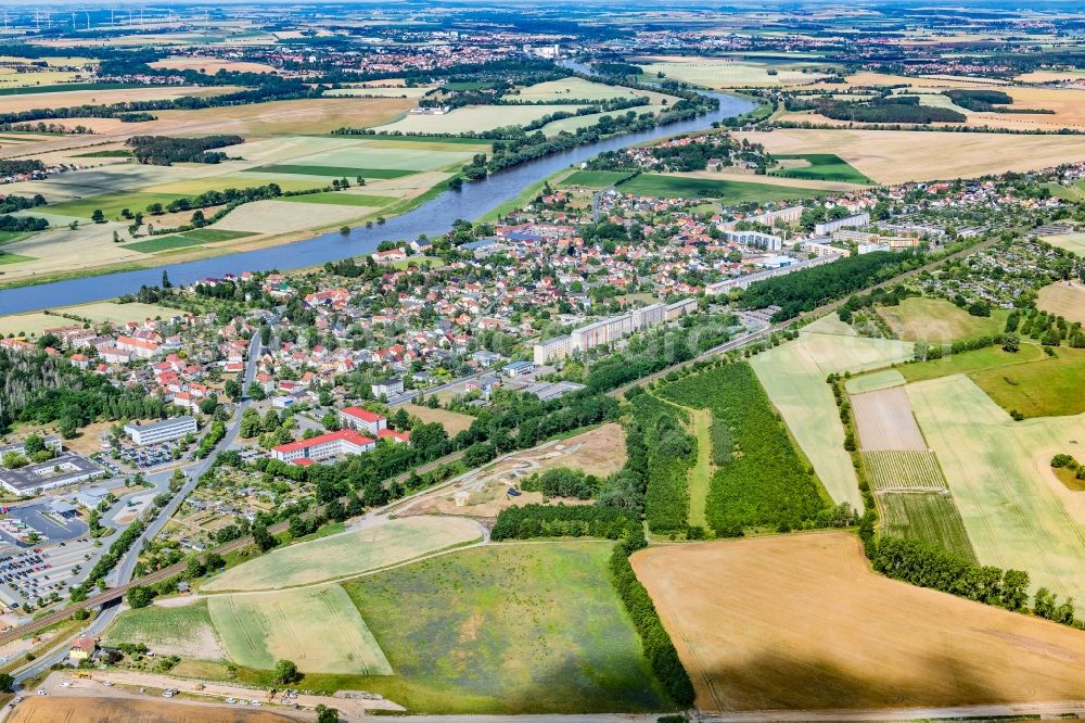 Nünchritz from above - Village on the banks of the area Elbe - river course in Nuenchritz in the state Saxony, Germany