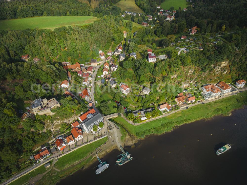 Aerial image Rathen - Village on the banks of the area Elbe - river course on street Trebenweg in Rathen Basteigebiet in the state Saxony, Germany