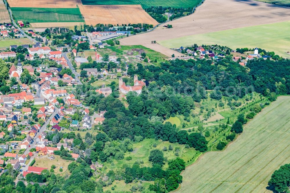 Strehla from above - Village on the banks of the area Elbe - river course in Strehla in the state Saxony, Germany