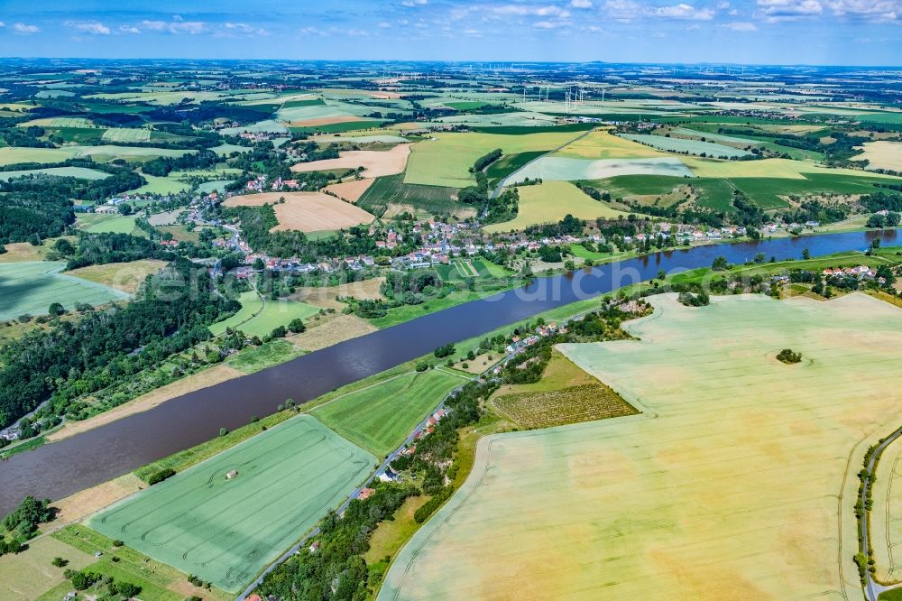 Zehren from above - Village on the banks of the area Elbe - river course in Zehren in the state Saxony, Germany