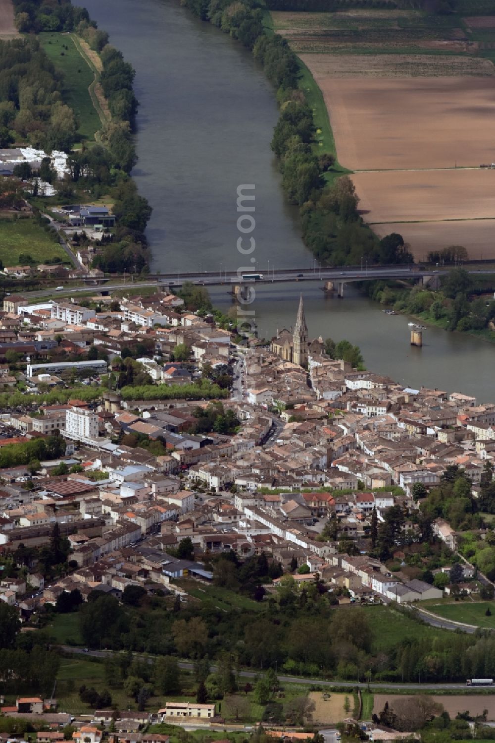 Langon from above - Village on the banks of the area Garonne - river course in Langon in Aquitaine Limousin Poitou-Charentes, France