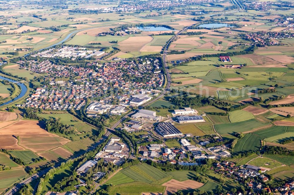 Willstätt from above - Village on the banks of the area of the Kinzig river - river course in Willstaett in the state Baden-Wurttemberg, Germany