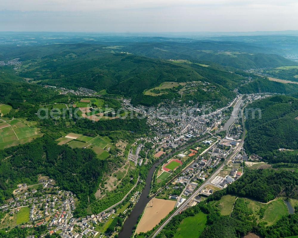 Bad Ems from above - Village on the banks of the area Lahn - river course in Bad Ems in the state Rhineland-Palatinate