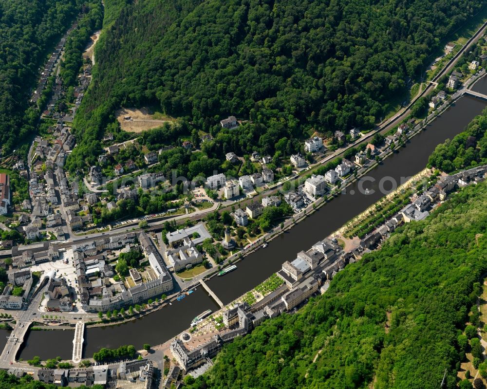 Bad Ems from above - Village on the banks of the area Lahn - river course in Bad Ems in the state Rhineland-Palatinate