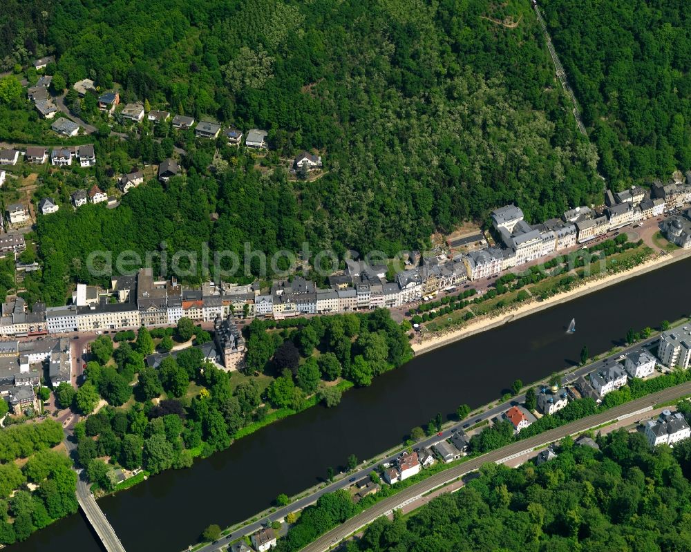 Bad Ems from above - Village on the banks of the area Lahn - river course in Bad Ems in the state Rhineland-Palatinate