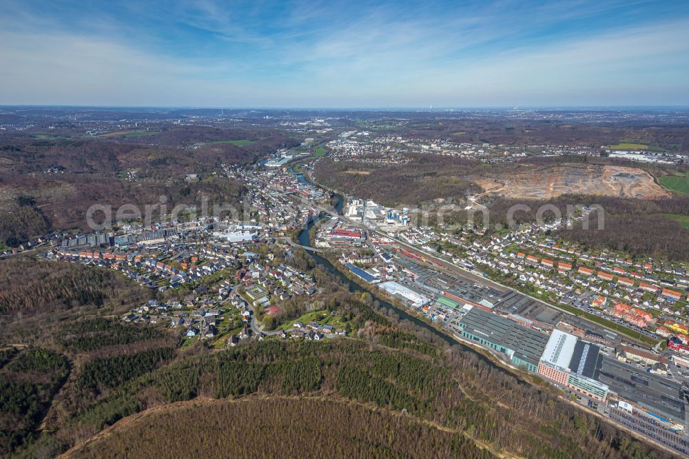 Hohenlimburg from above - Village on the banks of the area Lenne - river course in Hohenlimburg in the state North Rhine-Westphalia, Germany