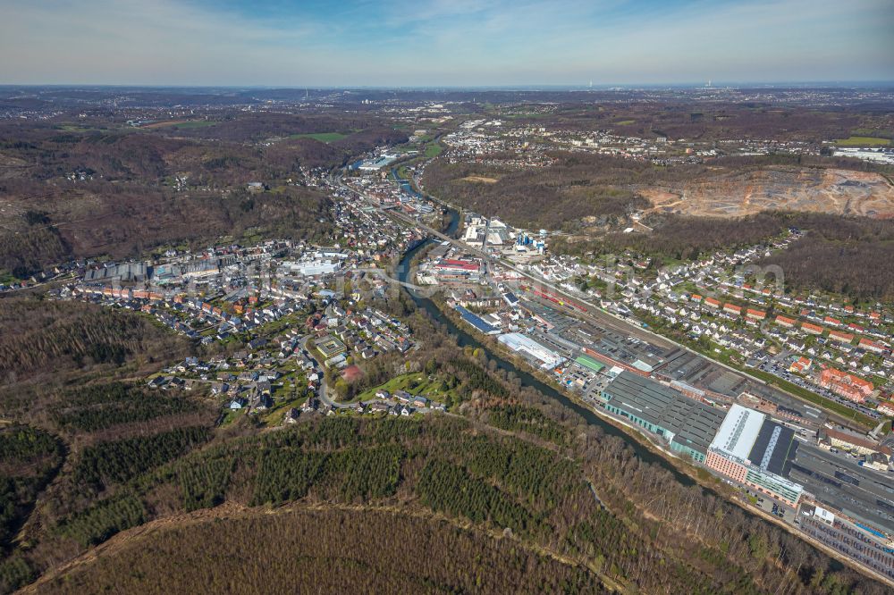 Hohenlimburg from the bird's eye view: Village on the banks of the area Lenne - river course in Hohenlimburg in the state North Rhine-Westphalia, Germany