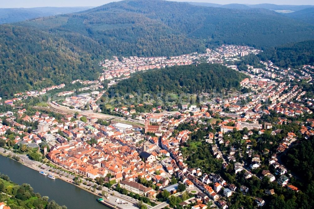 Eberbach from above - Village on the banks of the area Neckar - river course in Eberbach in the state Baden-Wuerttemberg