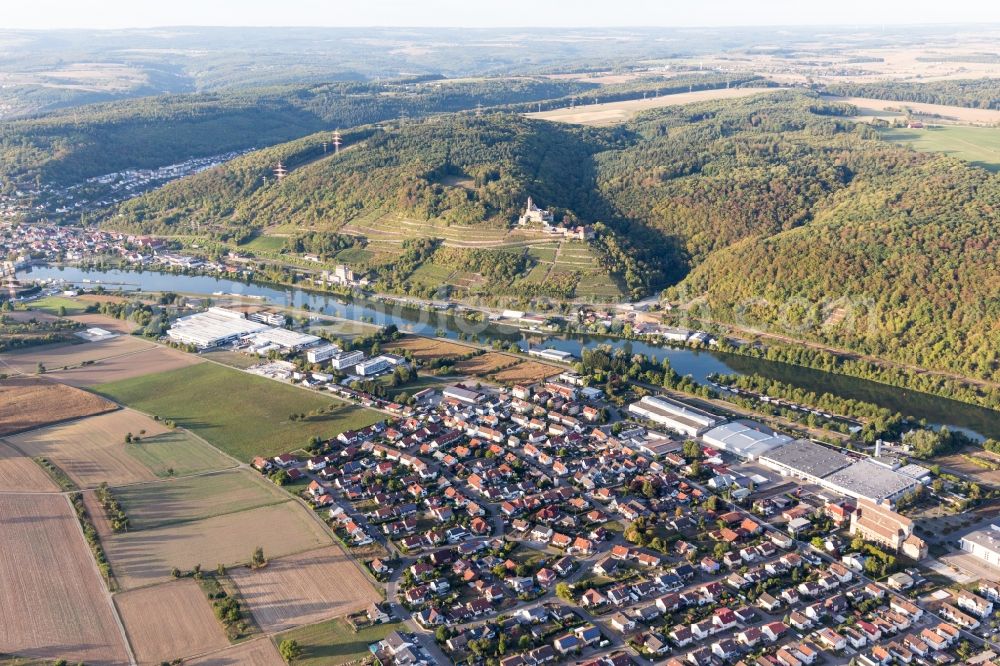 Haßmersheim from above - Village on the banks of the area Neckar - river course in Hassmersheim in the state Baden-Wurttemberg, Germany