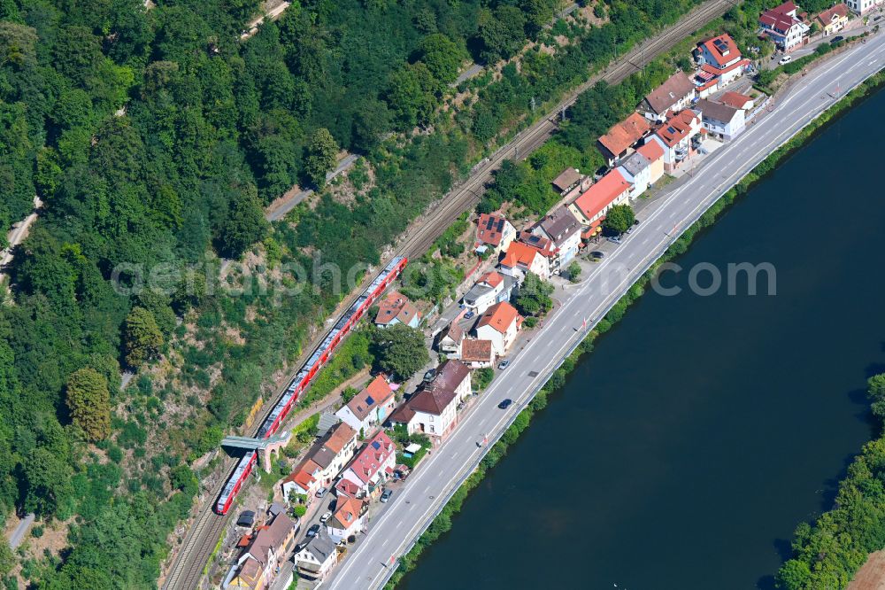 Zwingenberg from the bird's eye view: Village on the banks of the area Neckar - river course on street Alte Dorfstrasse in Zwingenberg in the state Baden-Wuerttemberg, Germany