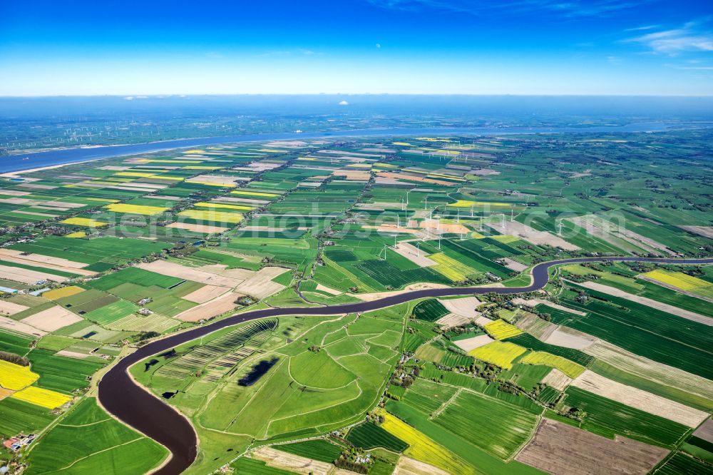 Geversdorf from above - Village on the banks of the area Oste - river course in Geversdorf in the state Lower Saxony, Germany