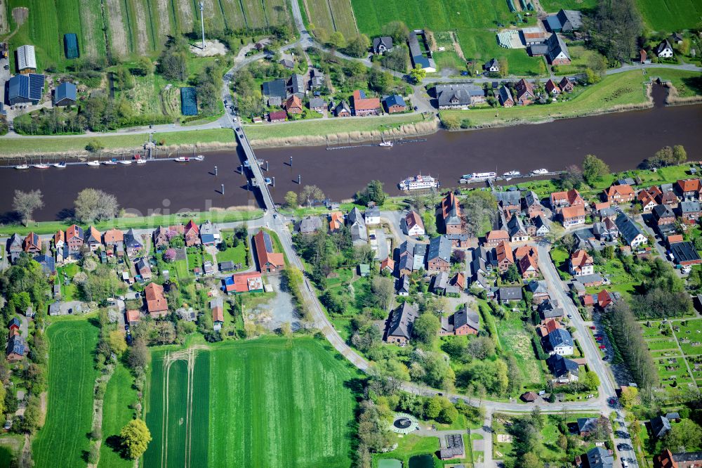 Oberndorf from above - Town center on the banks of the Oste river course in Oberndorf in the state Lower Saxony, Germany