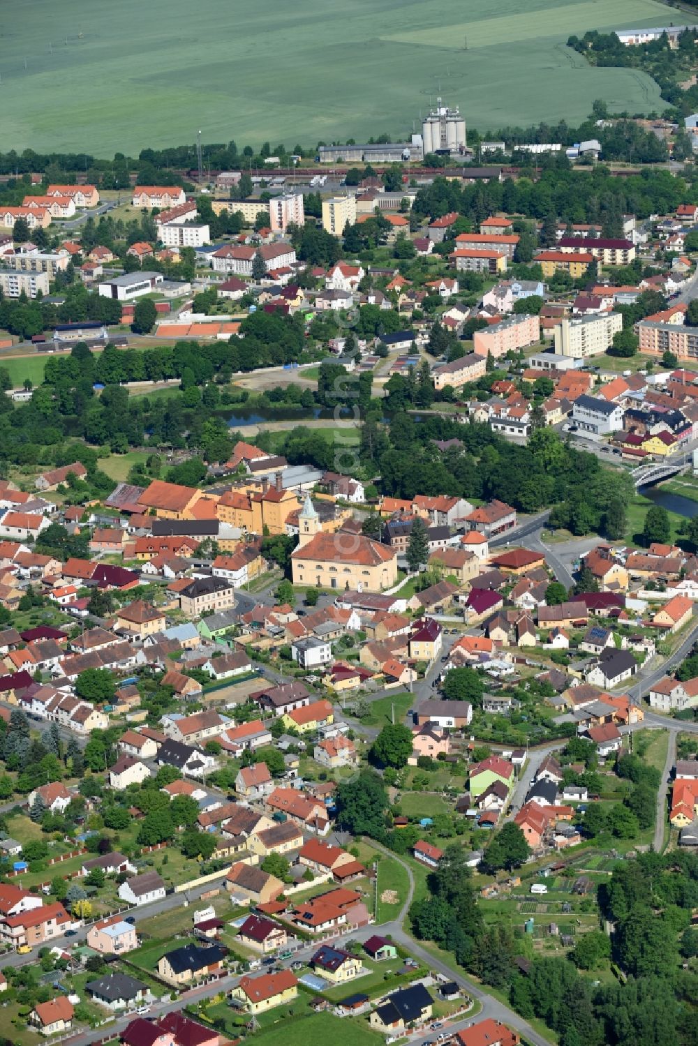 Stod from the bird's eye view: Village on the banks of the area Radbuza - river course in Stod in Plzensky kraj - Pilsner Region - Boehmen, Czech Republic