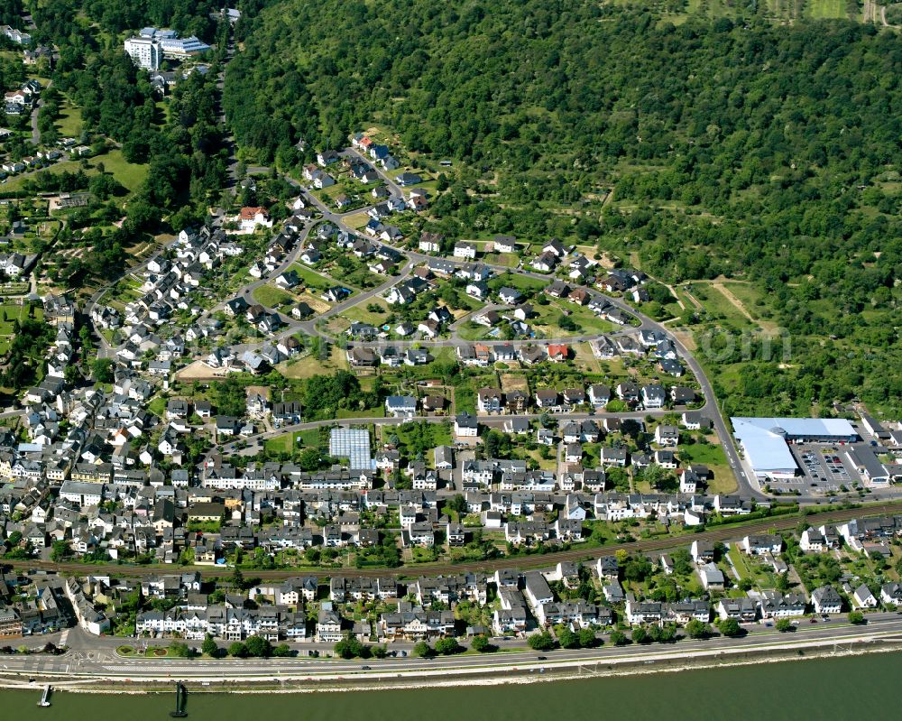 Bad Salzig from above - Village on the banks of the area Rhine - river course in Bad Salzig in the state Rhineland-Palatinate, Germany