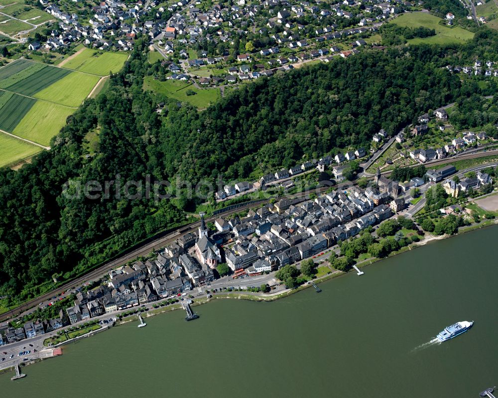 Biebernheim from the bird's eye view: Village on the banks of the area Rhine - river course in Biebernheim in the state Rhineland-Palatinate, Germany