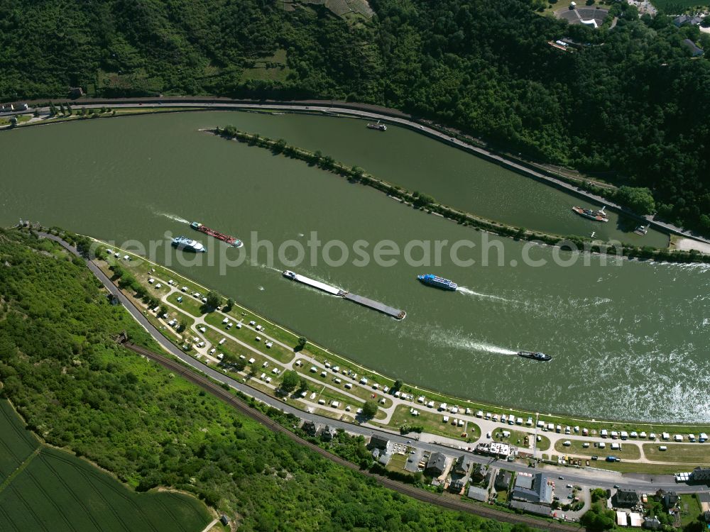 An der Loreley from above - Village on the banks of the area Rhine - river course in An der Loreley in the state Rhineland-Palatinate, Germany