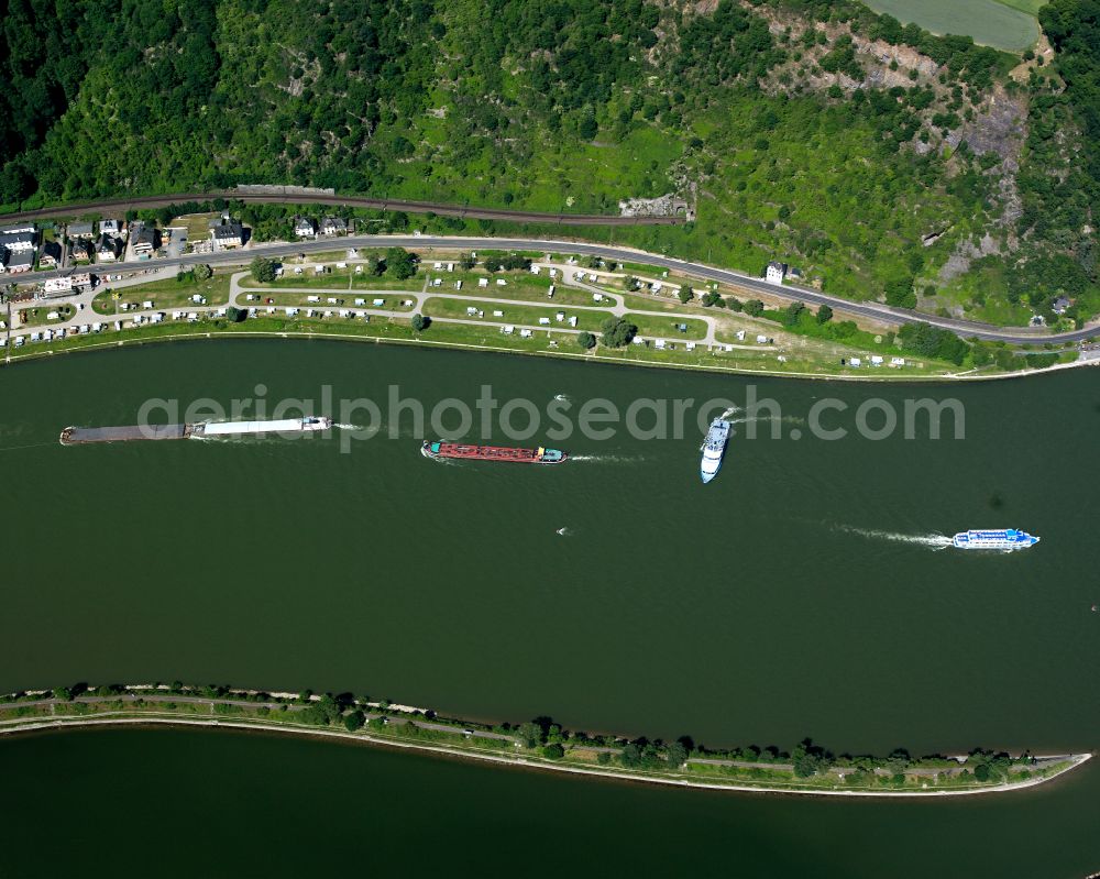 An der Loreley from above - Village on the banks of the area Rhine - river course in An der Loreley in the state Rhineland-Palatinate, Germany