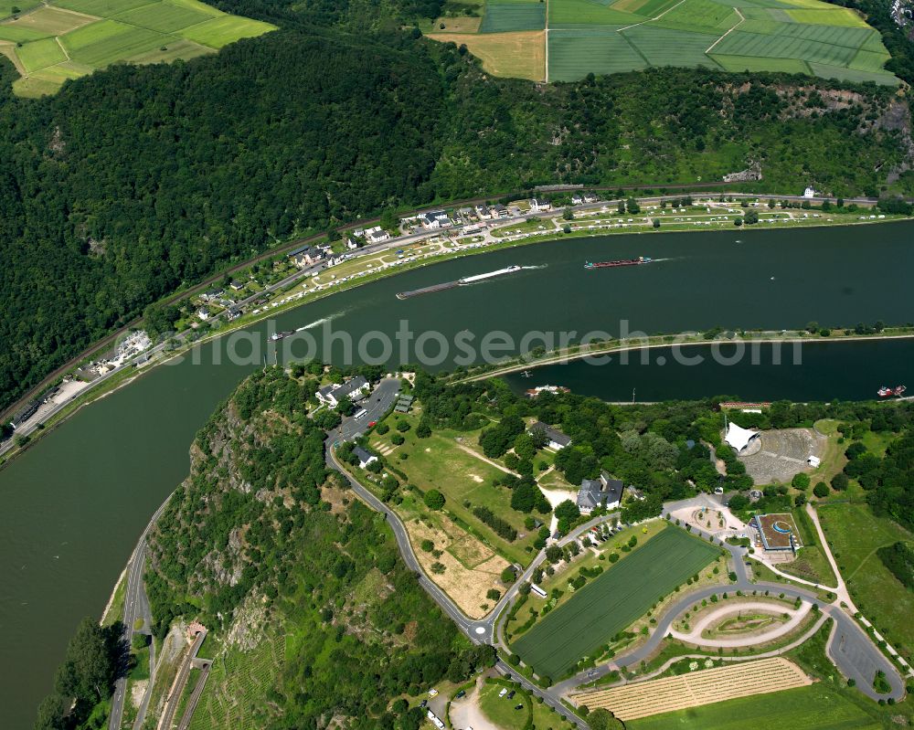 Aerial image An der Loreley - Village on the banks of the area Rhine - river course in An der Loreley in the state Rhineland-Palatinate, Germany