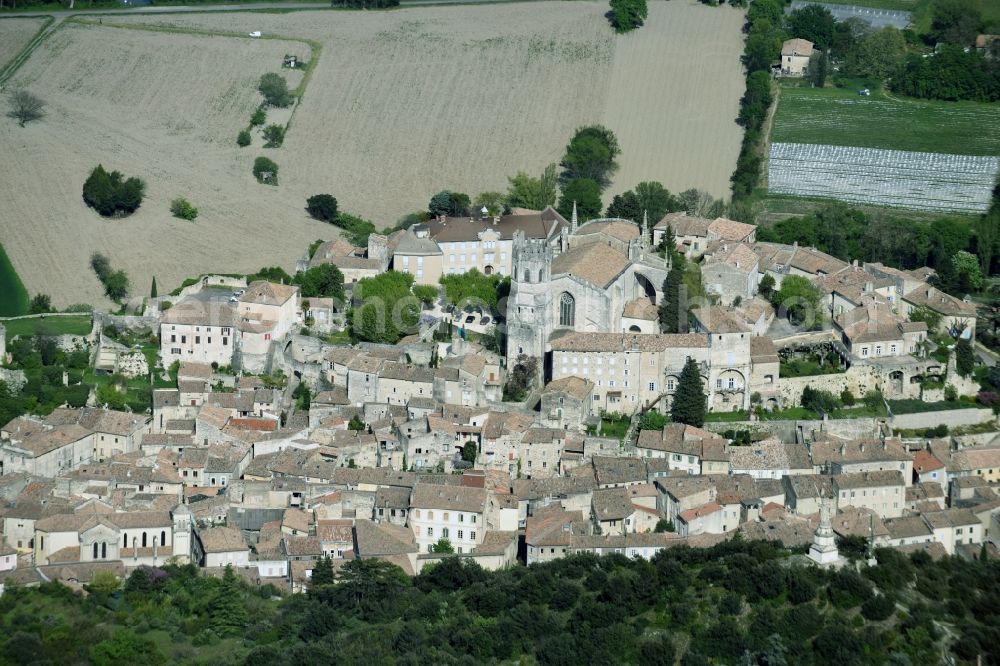 Aerial image Viviers - Village on the banks of the area Rotten - river course in Viviers in Auvergne Rhone-Alpes, France