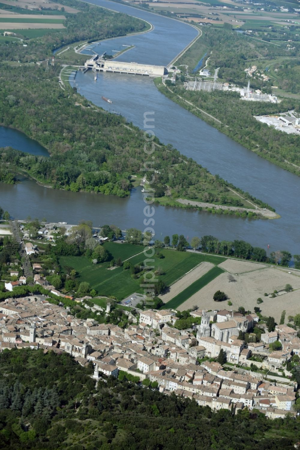 Viviers from the bird's eye view: Village on the banks of the area Rotten - river course in Viviers in Auvergne Rhone-Alpes, France