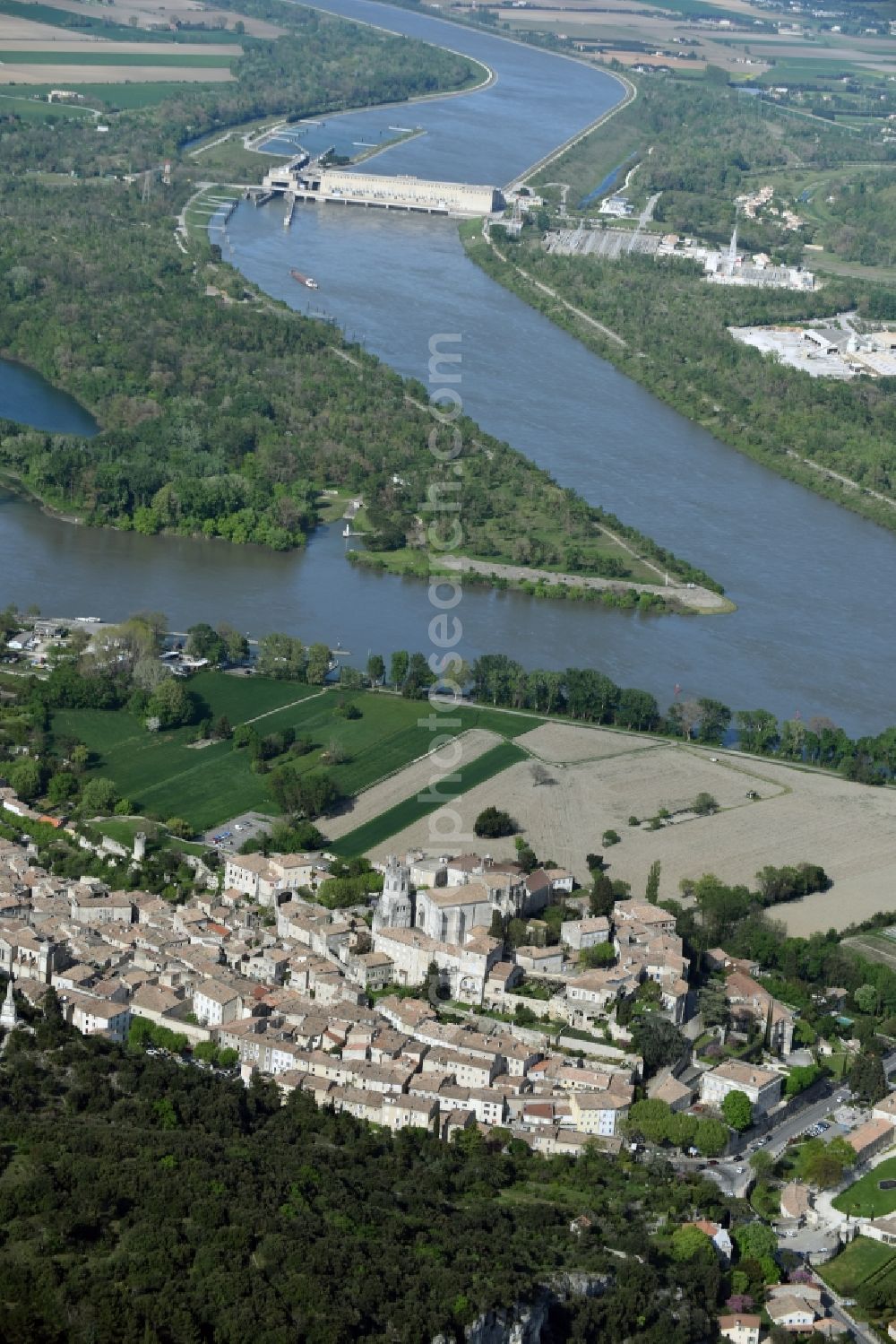 Aerial image Viviers - Village on the banks of the area Rotten - river course in Viviers in Auvergne Rhone-Alpes, France