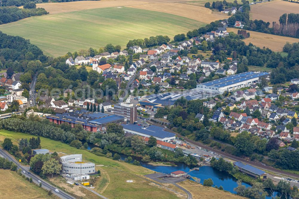 Langschede from above - Village on the banks of the area Ruhr - river course in Langschede at Sauerland in the state North Rhine-Westphalia, Germany