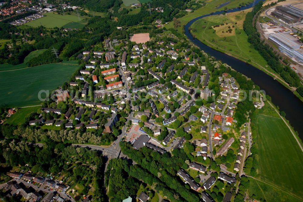 Rauendahl from above - Village on the banks of the area Ruhr - river course in Rauendahl in the state North Rhine-Westphalia, Germany