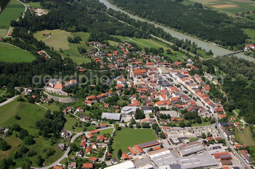 Tittmoning from above - Village on the banks of the area Salzach - river course in Tittmoning in the state Bavaria, Germany