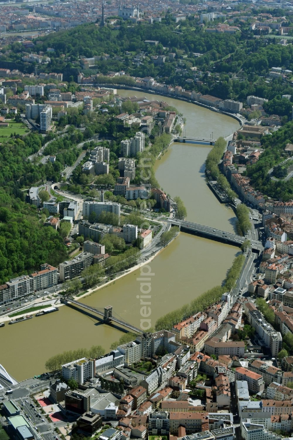 Lyon from above - Village on the banks of the area Saone - river course in Lyon in Auvergne Rhone-Alpes, France