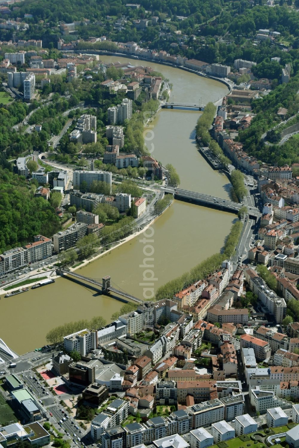 Lyon from above - Village on the banks of the area Saone - river course in Lyon in Auvergne Rhone-Alpes, France