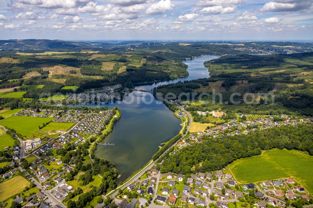 Amecke from the bird's eye view: Village on the banks of the area of Sorpe in Amecke in the state North Rhine-Westphalia, Germany