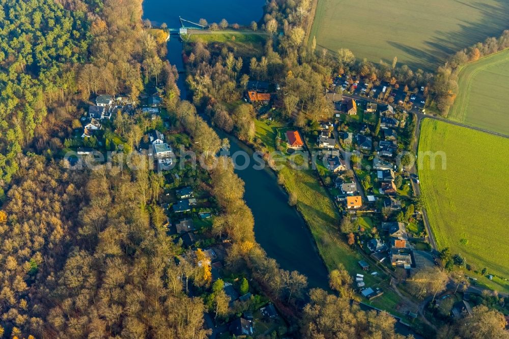 Siedlung Overrath from above - Village on the banks of the area Stever - river course in Siedlung Overrath in the state North Rhine-Westphalia, Germany