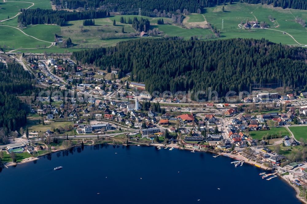 Titisee-Neustadt from above - Village on the banks of the area Titisee in Titisee-Neustadt in the state Baden-Wuerttemberg, Germany