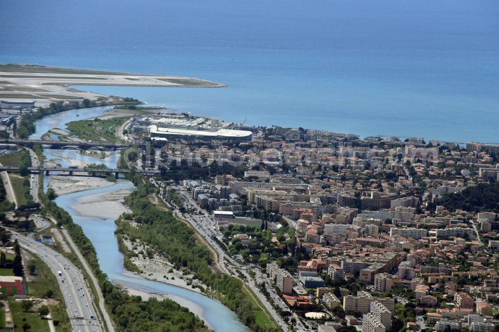 Saint-Laurent-du-Var from above - Village on the banks of the area Var - river course in Saint-Laurent-du-Var in Provence-Alpes-Cote d'Azur, France