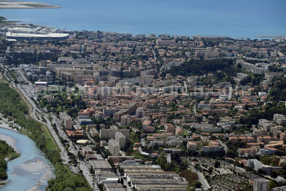 Saint-Laurent-du-Var from the bird's eye view: Village on the banks of the area Var - river course in Saint-Laurent-du-Var in Provence-Alpes-Cote d'Azur, France