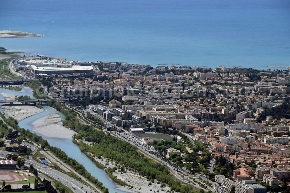 Aerial image Saint-Laurent-du-Var - Village on the banks of the area Var - river course in Saint-Laurent-du-Var in Provence-Alpes-Cote d'Azur, France